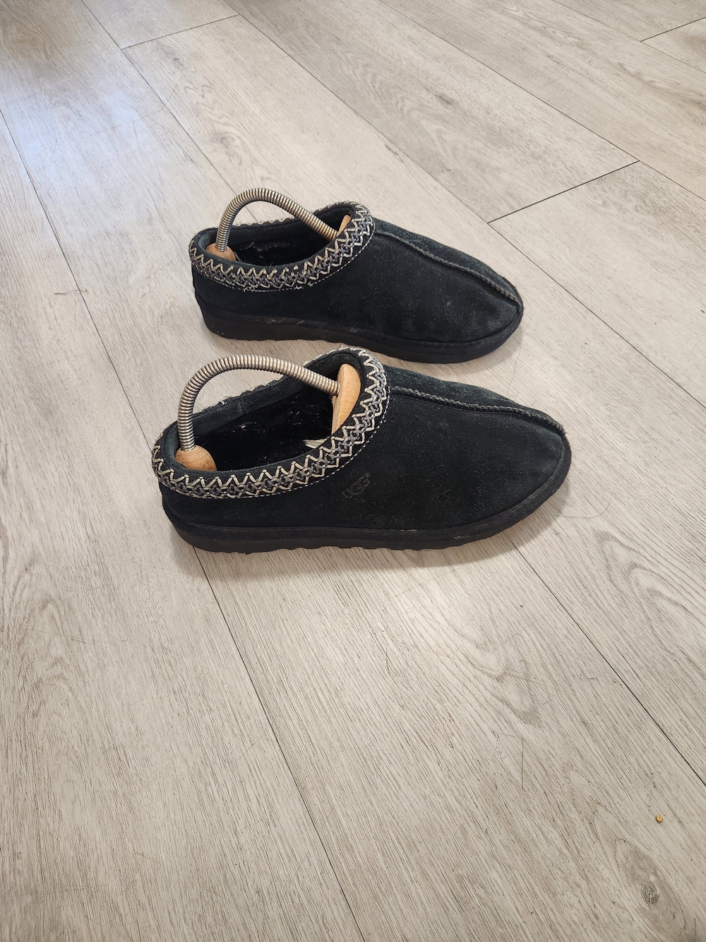 UGG Black Suede Tasman Slippers Mules Braided Trim Slip On Shoes Sz 8